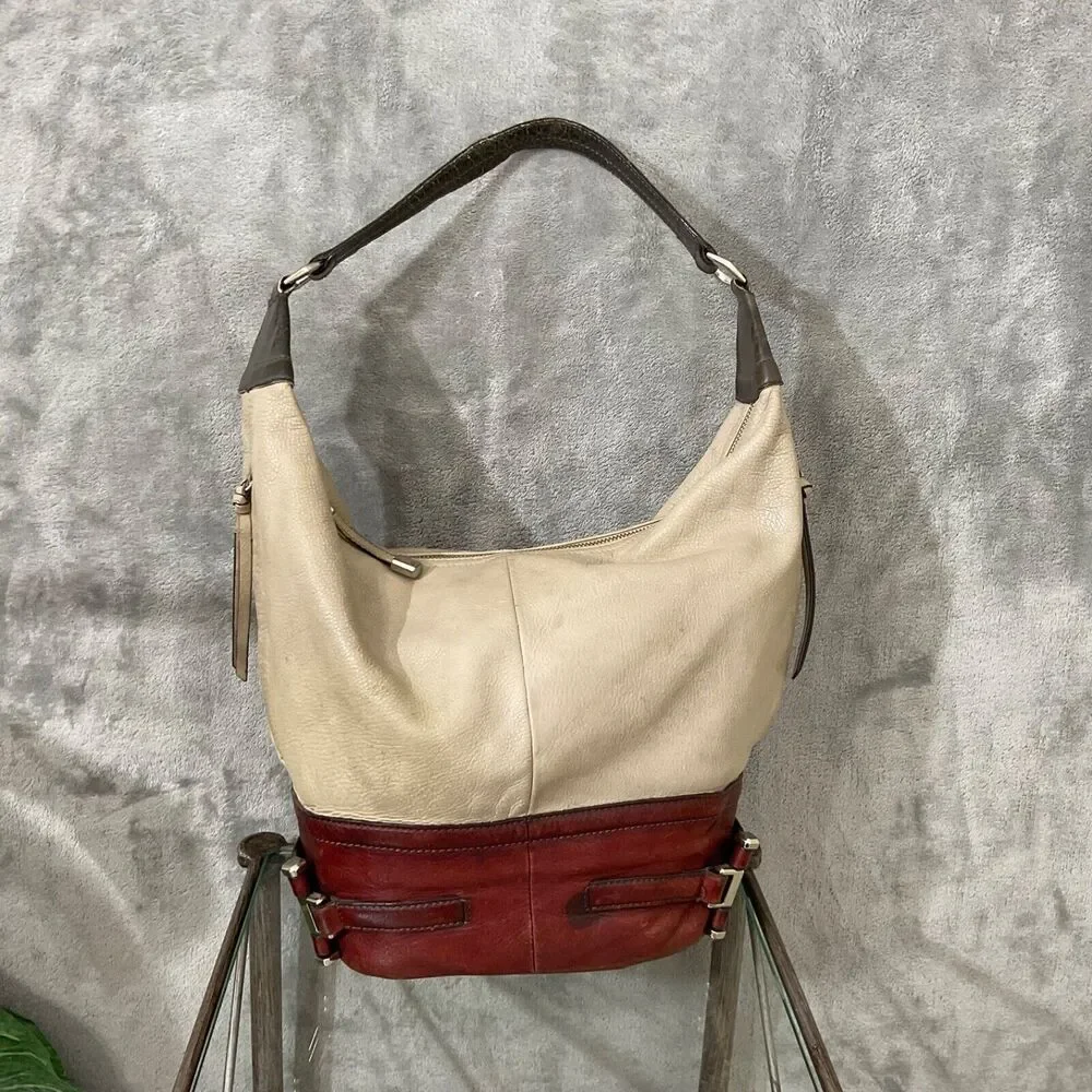 B. Makowsky Women’s Two tone  Leather Hobo Purse Shoulder Bag multiple Zippers.